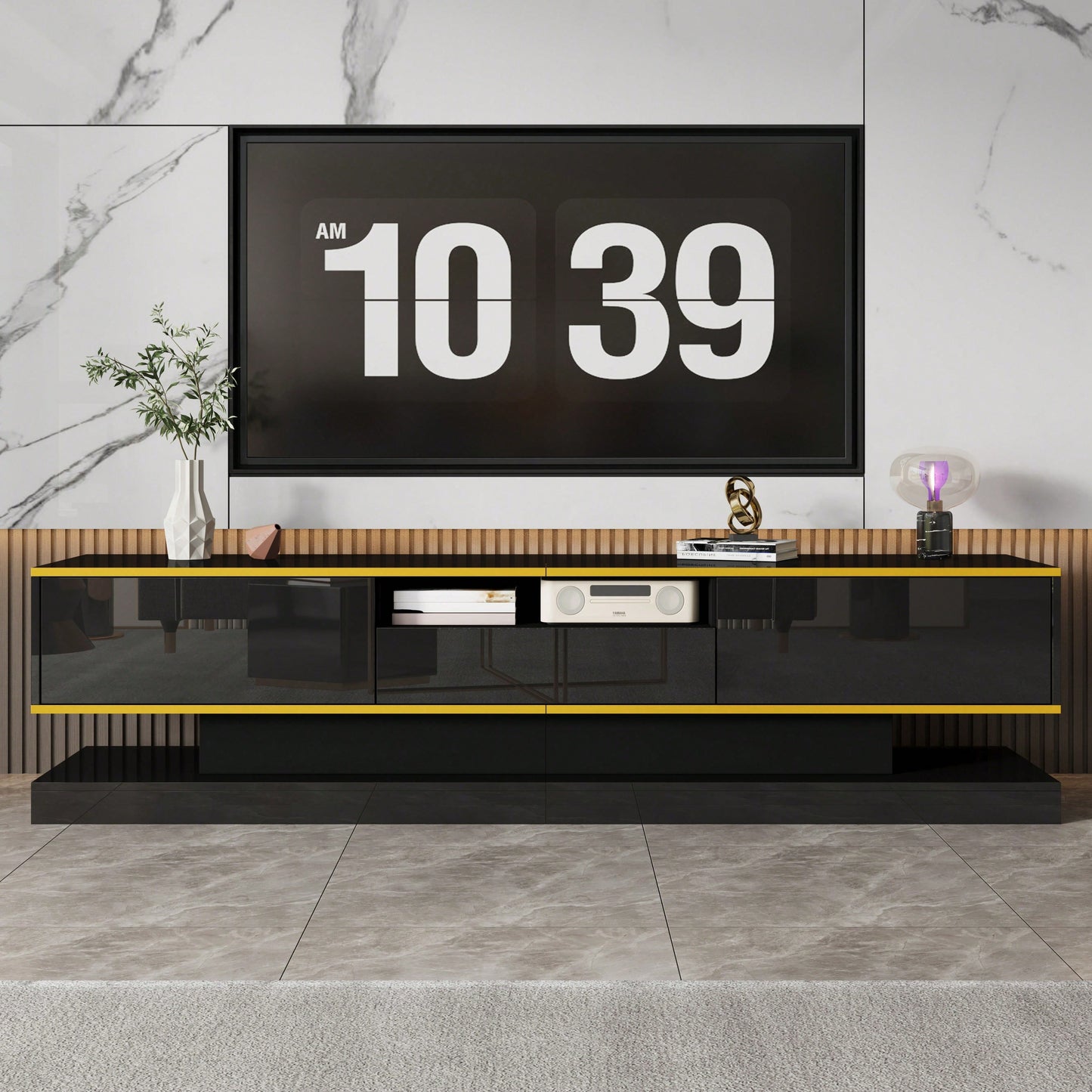 Moderner TV-Schrank mit drei Schubladen und einem offenen Fach - Hochglanz mit farbwechselnden LED-Leuchten, 180*38*45cm