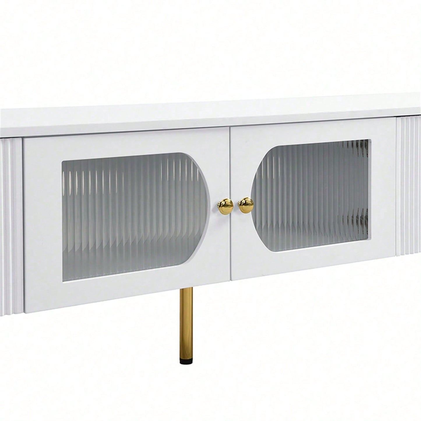 TV-Schrank mit Schubladen und speziell geformten Türverkleidungen, goldenen Griffen und Beinen, Bogenform