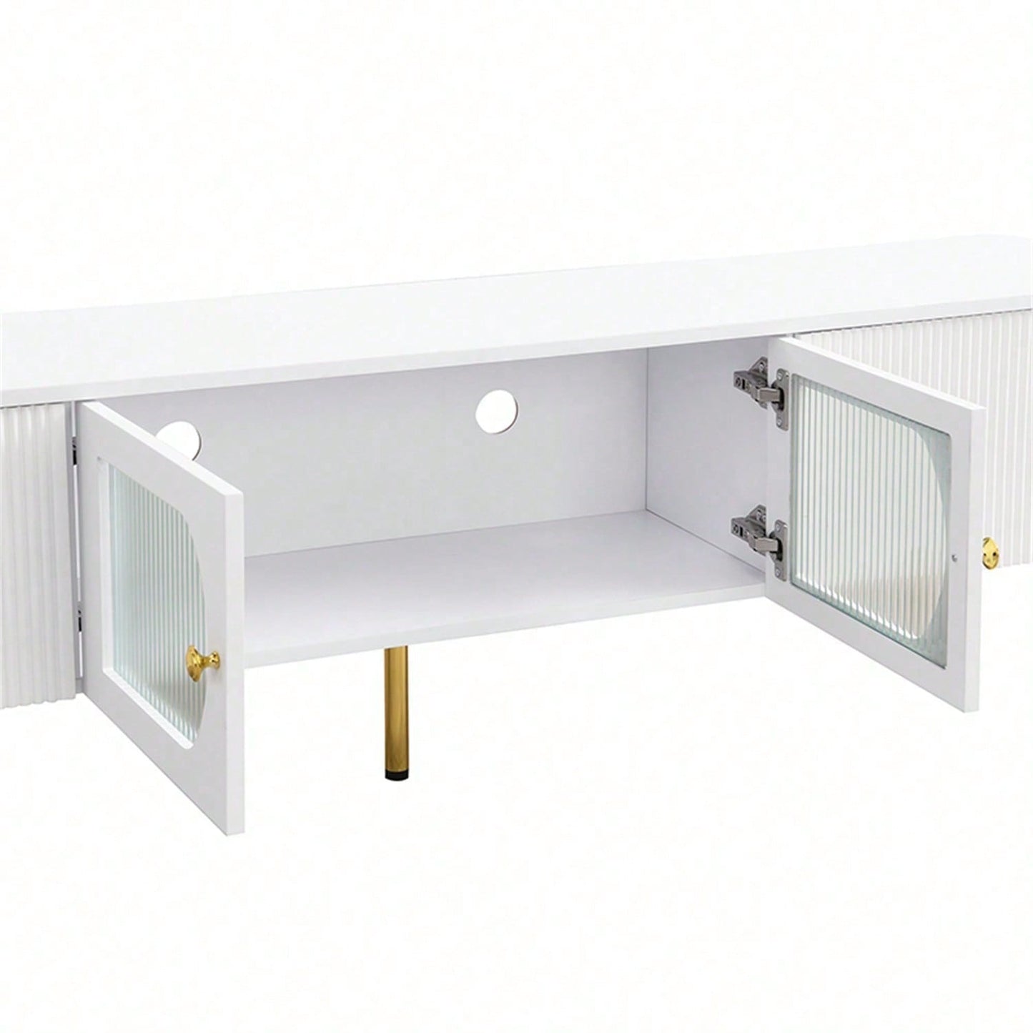 TV-Schrank mit Schubladen und speziell geformten Türverkleidungen, goldenen Griffen und Beinen, Bogenform