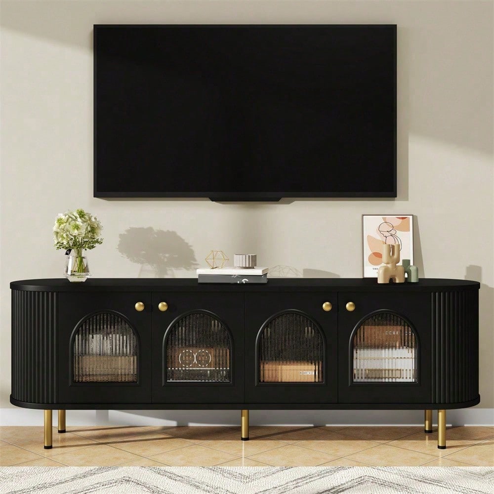 TV-Schrank, Lowboard mit Glastüren, praktische Aufbewahrungsmöbel fürs Wohnzimmer, goldene Griffe und Beine