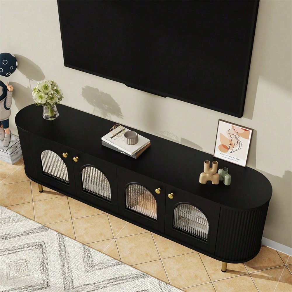 TV-Schrank, Lowboard mit Glastüren, praktische Aufbewahrungsmöbel fürs Wohnzimmer, goldene Griffe und Beine