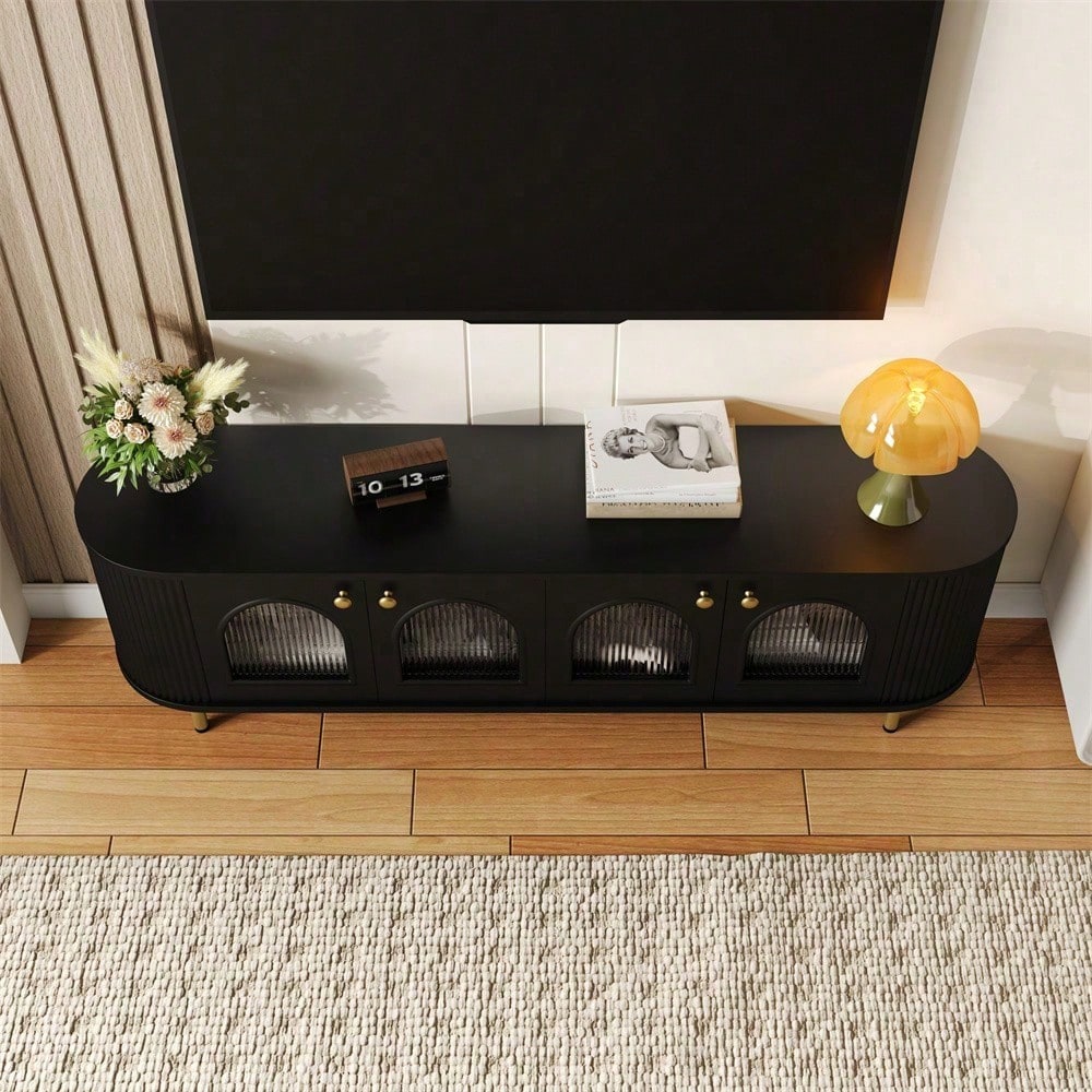 TV-Schrank, Lowboard mit Glastüren, praktische Aufbewahrungsmöbel fürs Wohnzimmer, goldene Griffe und Beine
