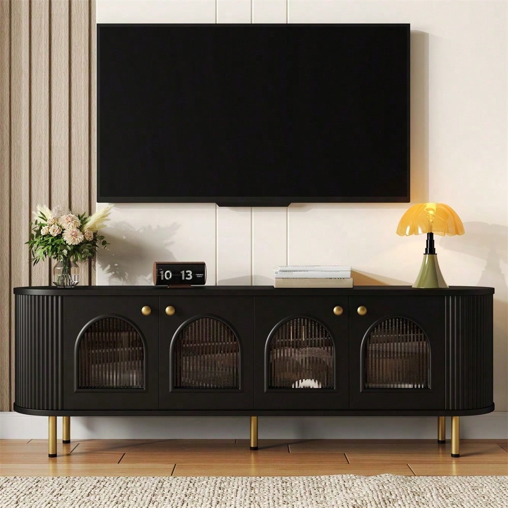 TV-Schrank, Lowboard mit Glastüren, praktische Aufbewahrungsmöbel fürs Wohnzimmer, goldene Griffe und Beine