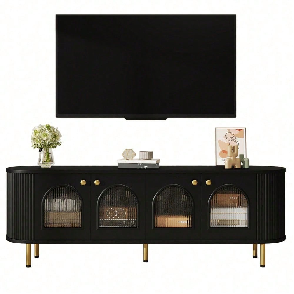TV-Schrank, Lowboard mit Glastüren, praktische Aufbewahrungsmöbel fürs Wohnzimmer, goldene Griffe und Beine