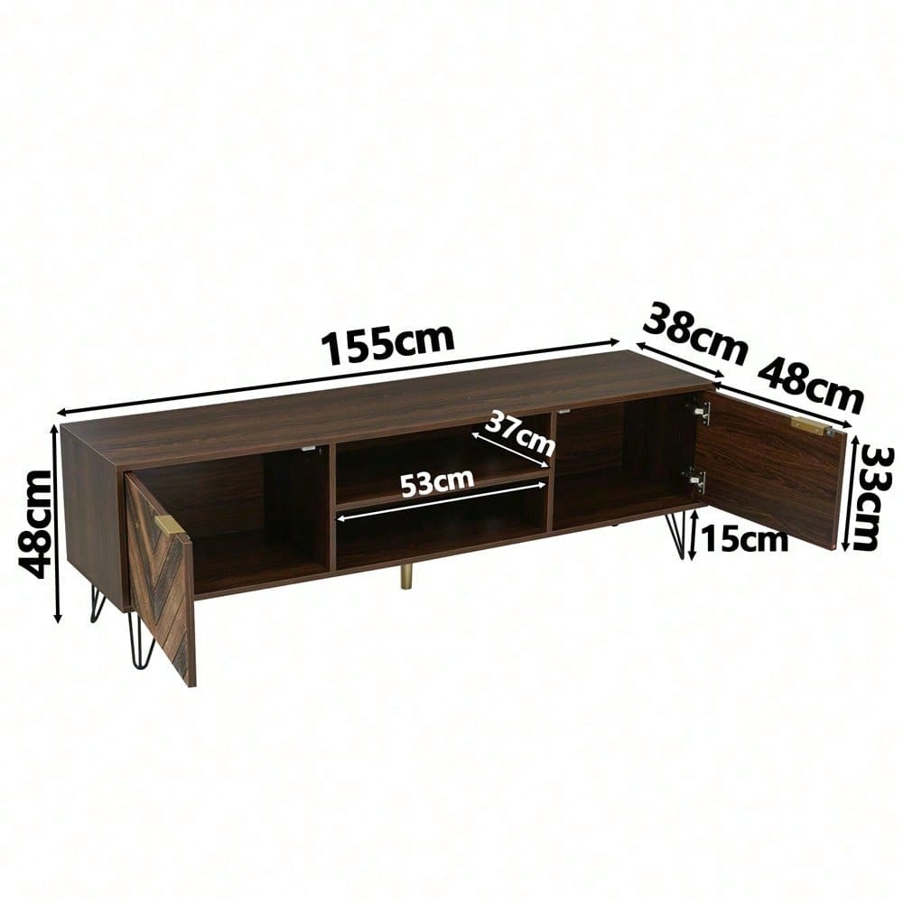 TV-Schrank mit zwei Türen, Türen aus Massivholzfurnier. TV-Schrank mit zwei Fächern, niedriges Paneel, TV-Schrank. Goldgriffe und Eisenfüße.