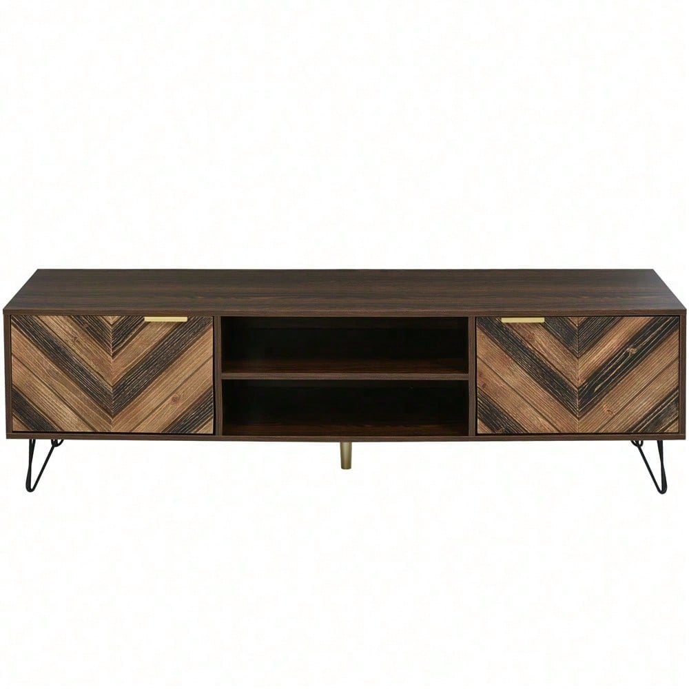 TV-Schrank mit zwei Türen, Türen aus Massivholzfurnier. TV-Schrank mit zwei Fächern, niedriges Paneel, TV-Schrank. Goldgriffe und Eisenfüße.