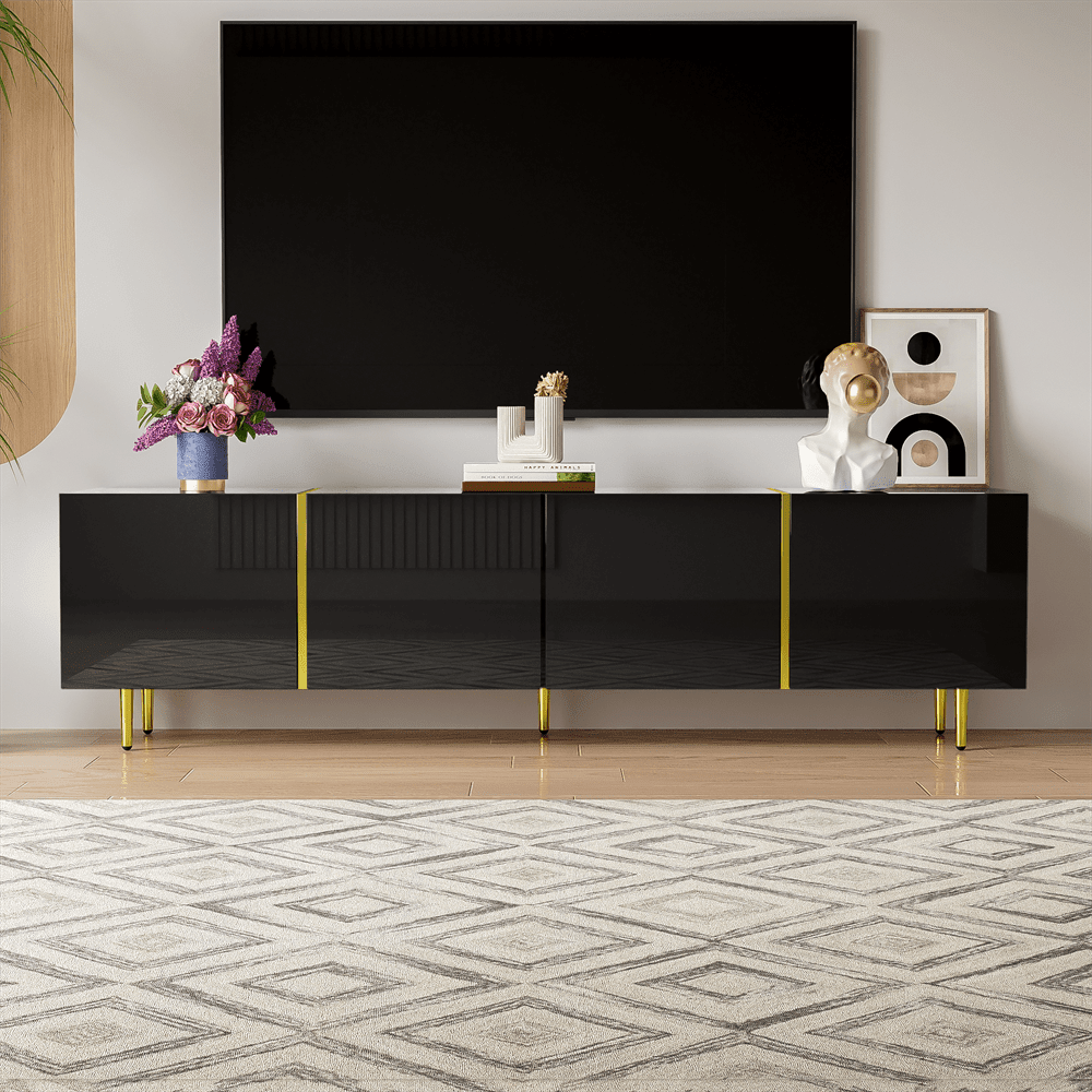 Schwarzes Hochglanz-TV-Schrank mit 4 Türen, modern und schlicht, in Schwarz-Gold-Farbkombination