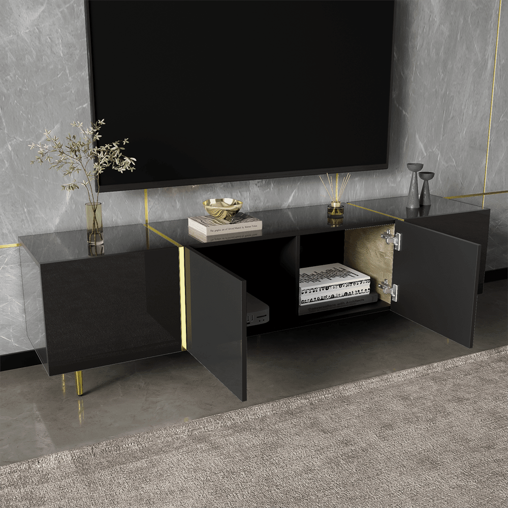 Schwarzes Hochglanz-TV-Schrank mit 4 Türen, modern und schlicht, in Schwarz-Gold-Farbkombination