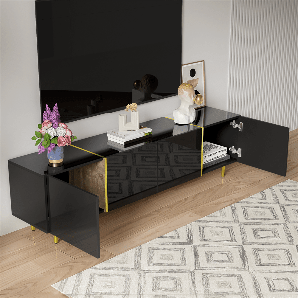 Schwarzes Hochglanz-TV-Schrank mit 4 Türen, modern und schlicht, in Schwarz-Gold-Farbkombination