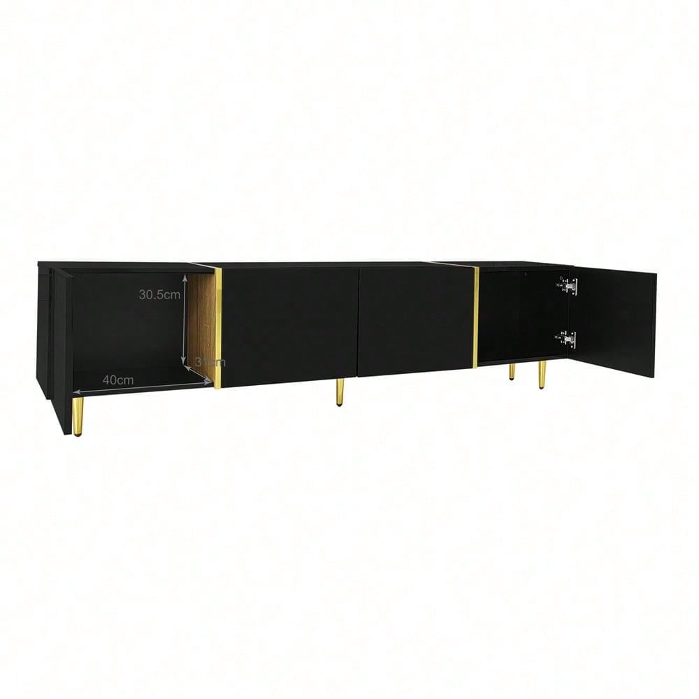 Schwarzes Hochglanz-TV-Schrank mit 4 Türen, modern und schlicht, in Schwarz-Gold-Farbkombination