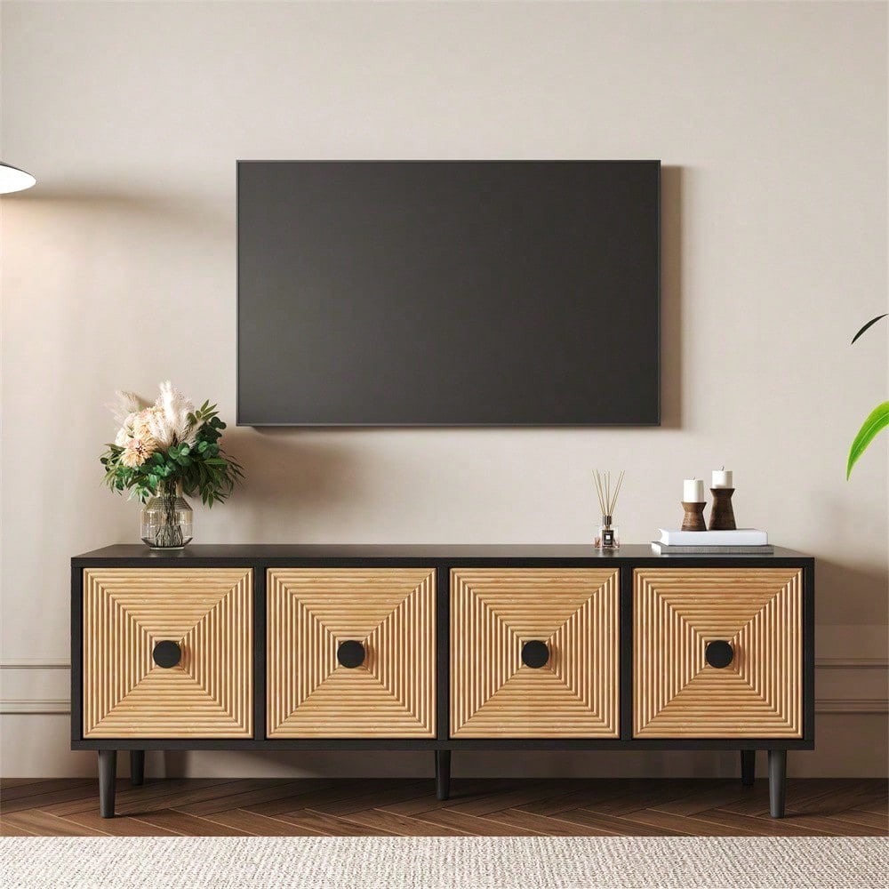 Moderner schwarzer TV-Schrank – 150 x 38 x 55 cm, niedrige Lowboard aus Bambus, TV-Schrankmöbel mit Stauraum