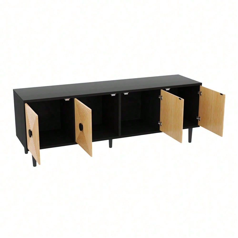Moderner schwarzer TV-Schrank – 150 x 38 x 55 cm, niedrige Lowboard aus Bambus, TV-Schrankmöbel mit Stauraum
