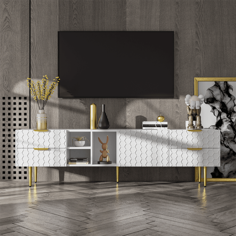 TV-Schrank, lowboard mit strukturierten Türen, TV-Möbel mit Schubladen, offenen Fächern, goldenen Griffen und goldenen Füßen