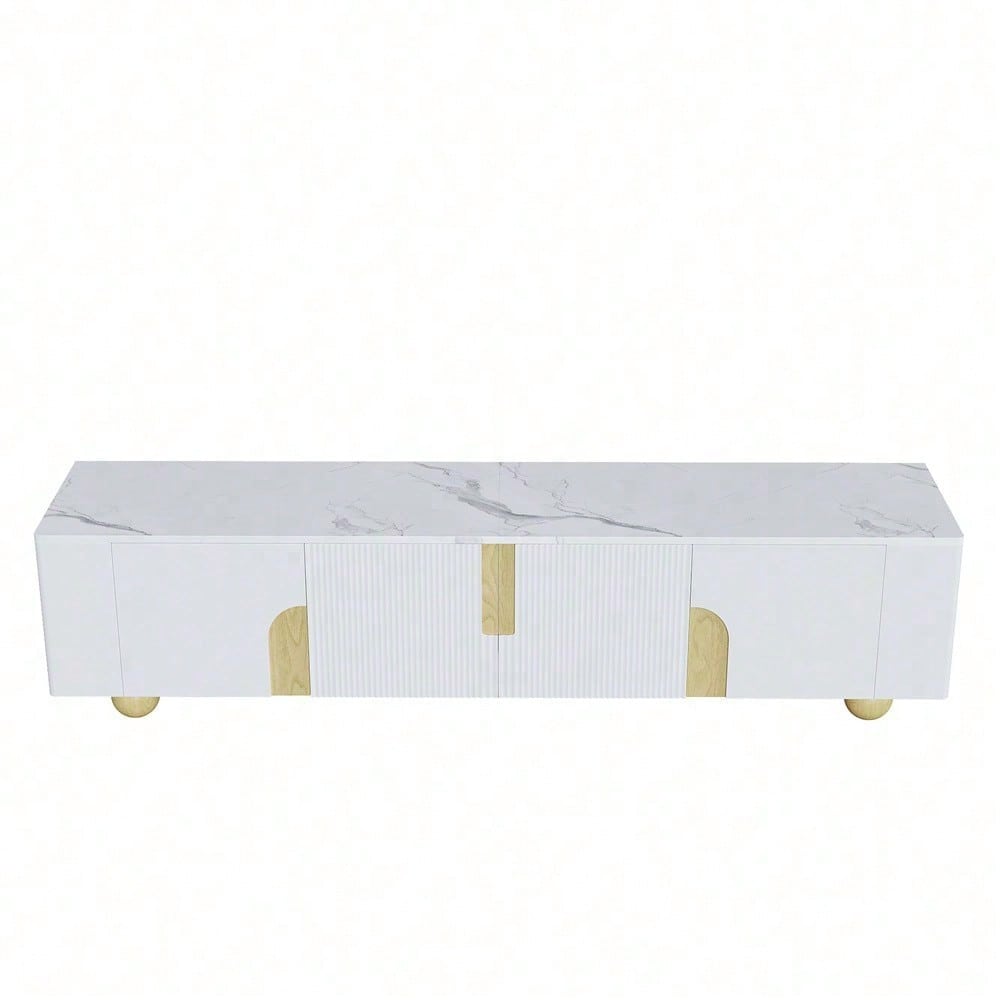 Weißer TV-Schrank 180 cm, 4 Türen, elegantes Design, Marmoroptik-Oberfläche, kugelförmige Holzfüße