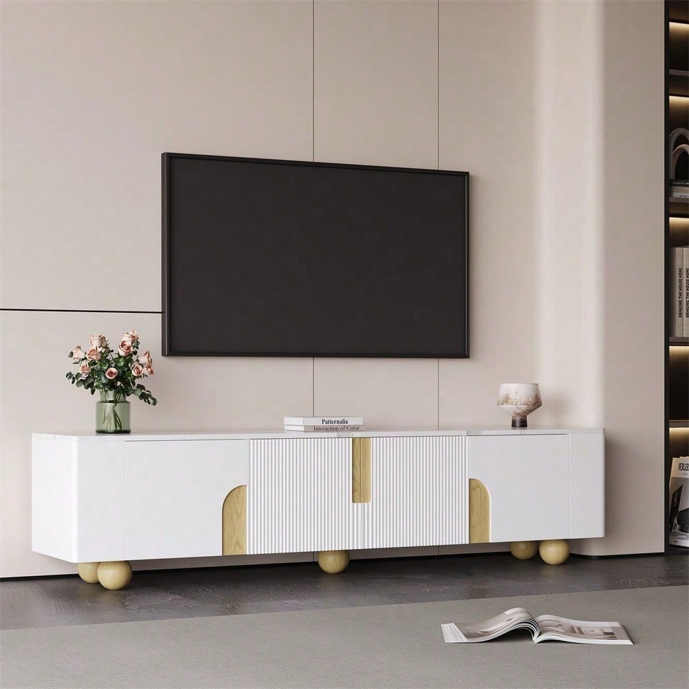 Weißer TV-Schrank 180 cm, 4 Türen, elegantes Design, Marmoroptik-Oberfläche, kugelförmige Holzfüße