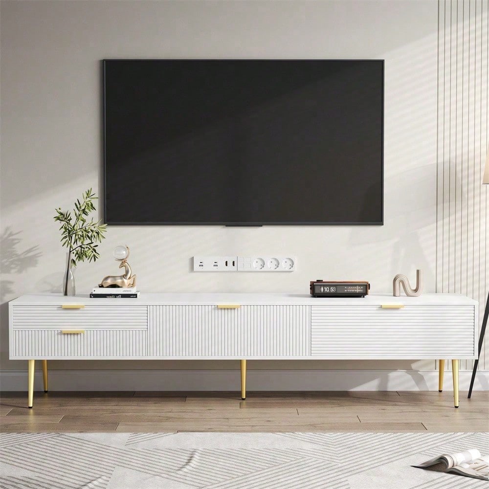 Stilvoller TV-Schrank, lowboard. Mit Schubladen und Türen, Wohnzimmermöbel. Modernes Design. goldene Griffe und Beine.