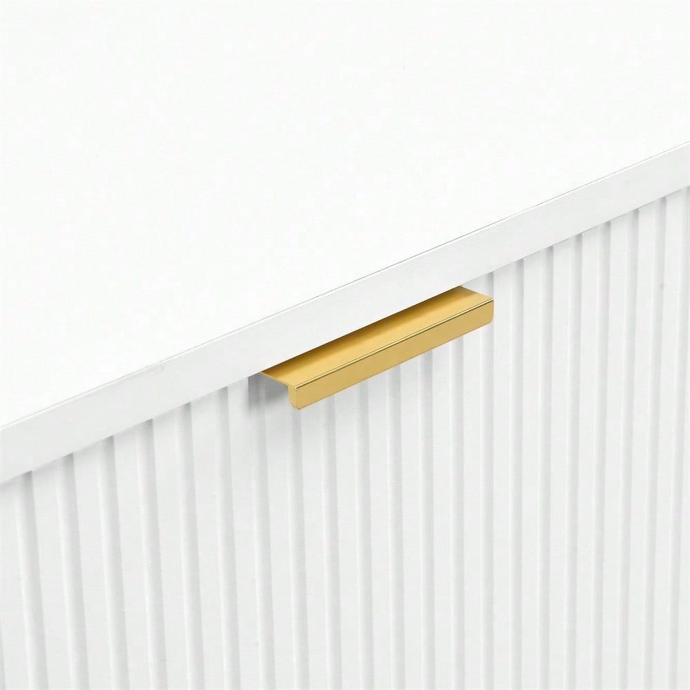 Stilvoller TV-Schrank, lowboard. Mit Schubladen und Türen, Wohnzimmermöbel. Modernes Design. goldene Griffe und Beine.