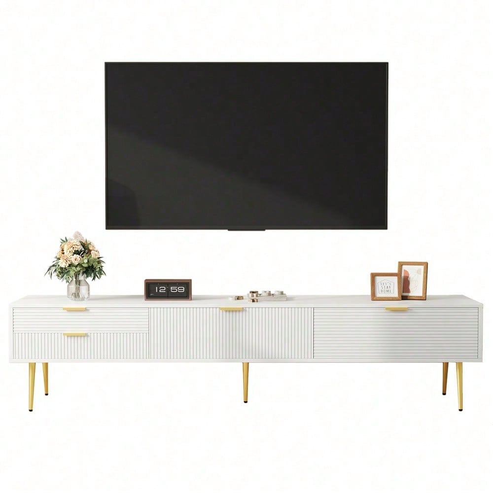 Stilvoller TV-Schrank, lowboard. Mit Schubladen und Türen, Wohnzimmermöbel. Modernes Design. goldene Griffe und Beine.