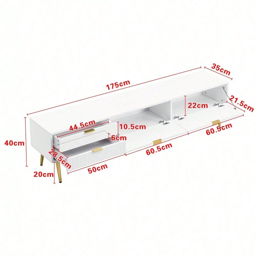 Stilvoller TV-Schrank, lowboard. Mit Schubladen und Türen, Wohnzimmermöbel. Modernes Design. goldene Griffe und Beine.
