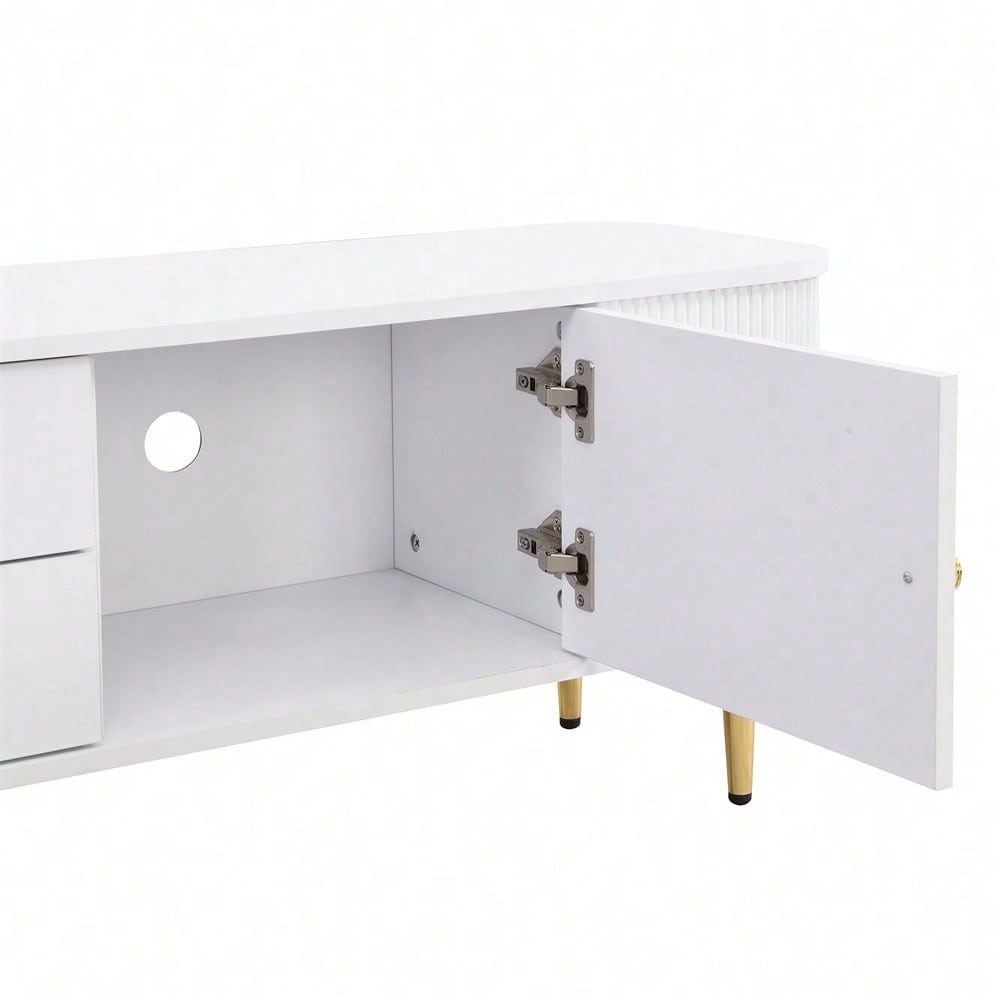 TV-Schrank mit Schubladen, geschwungenen Ecken, Wohnzimmer-TV-Schrank mit gewellten Seiten, goldenen Griffen und Beinen