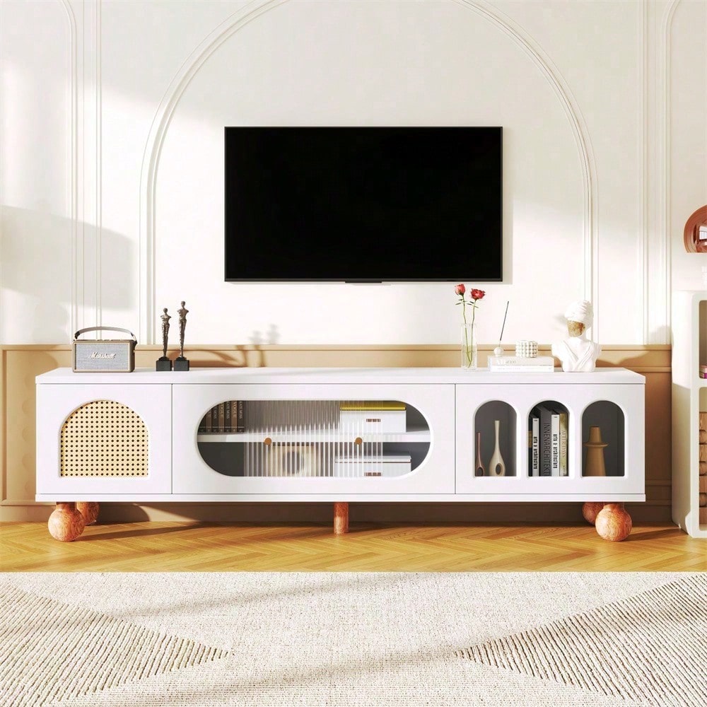 TV-Möbel, TV-Möbel mit Rattan-ähnlicher Tür, Glasschiebetür, drei offenen Bogenbereichen, lowboard mit goldenen Griffen und massiven Holzfüßen
