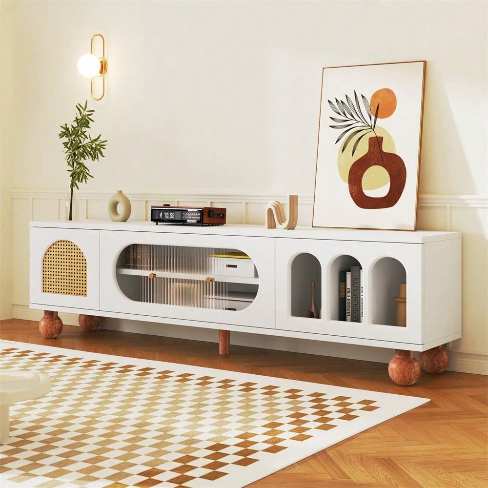 TV-Möbel, TV-Möbel mit Rattan-ähnlicher Tür, Glasschiebetür, drei offenen Bogenbereichen, lowboard mit goldenen Griffen und massiven Holzfüßen