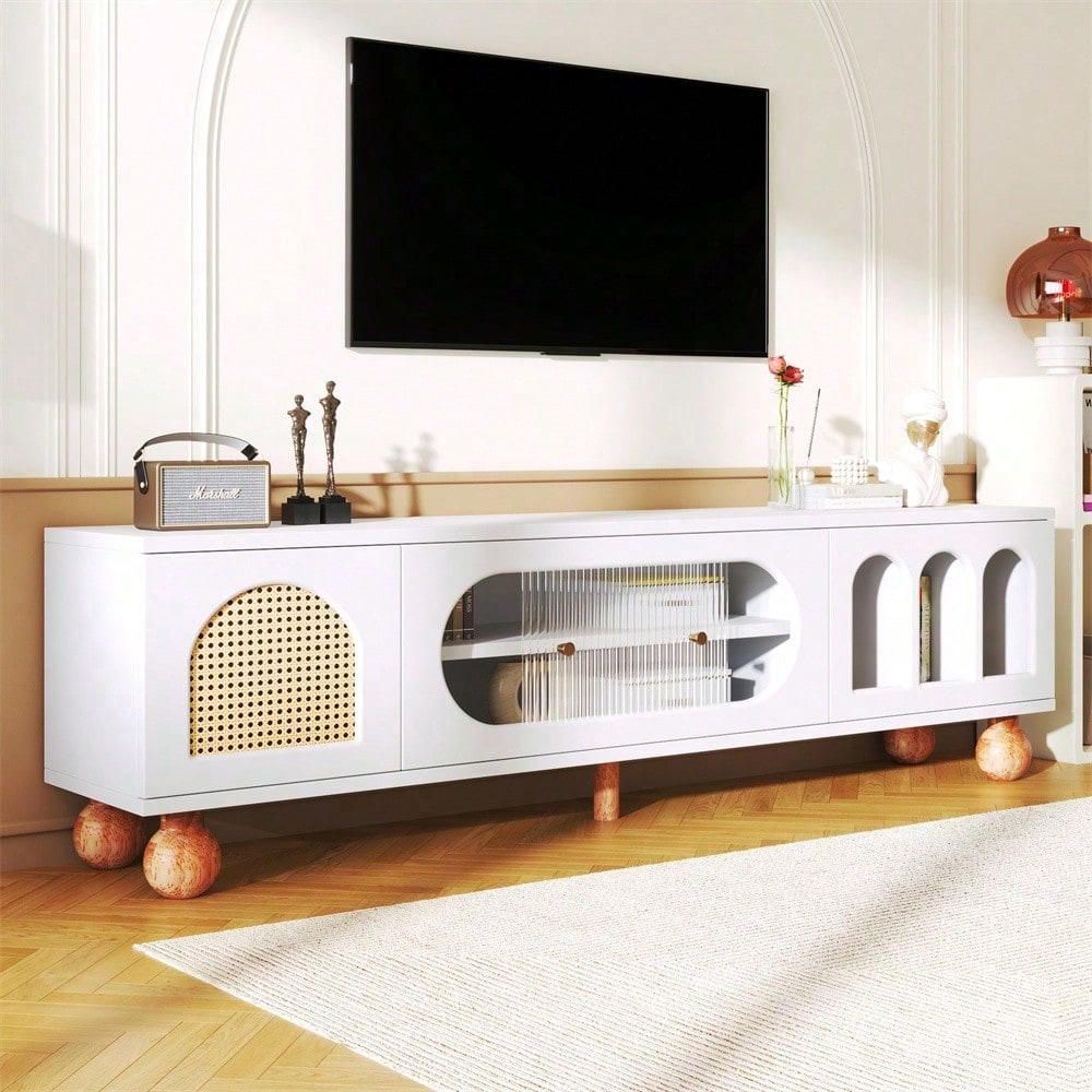 TV-Möbel, TV-Möbel mit Rattan-ähnlicher Tür, Glasschiebetür, drei offenen Bogenbereichen, lowboard mit goldenen Griffen und massiven Holzfüßen