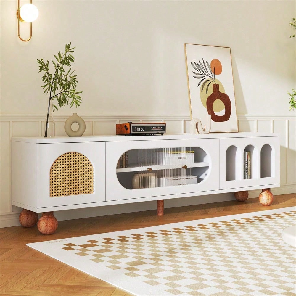 TV-Möbel, TV-Möbel mit Rattan-ähnlicher Tür, Glasschiebetür, drei offenen Bogenbereichen, lowboard mit goldenen Griffen und massiven Holzfüßen