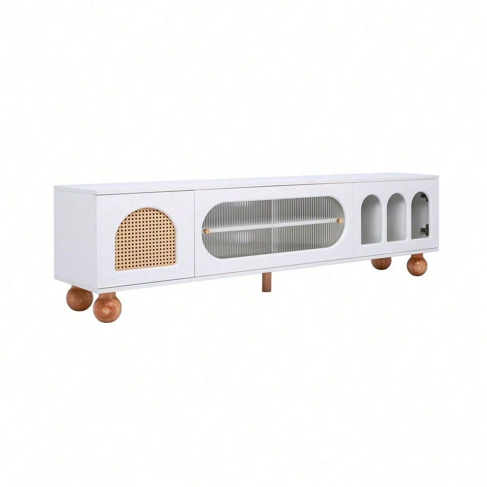 TV-Möbel, TV-Möbel mit Rattan-ähnlicher Tür, Glasschiebetür, drei offenen Bogenbereichen, lowboard mit goldenen Griffen und massiven Holzfüßen