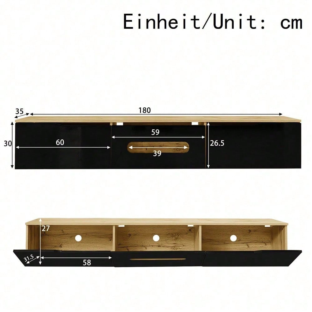 TV-Schrank, 180 cm, Hochglanzoberfläche, mit 16-Farben-LED-Beleuchtung, wandmontierbar