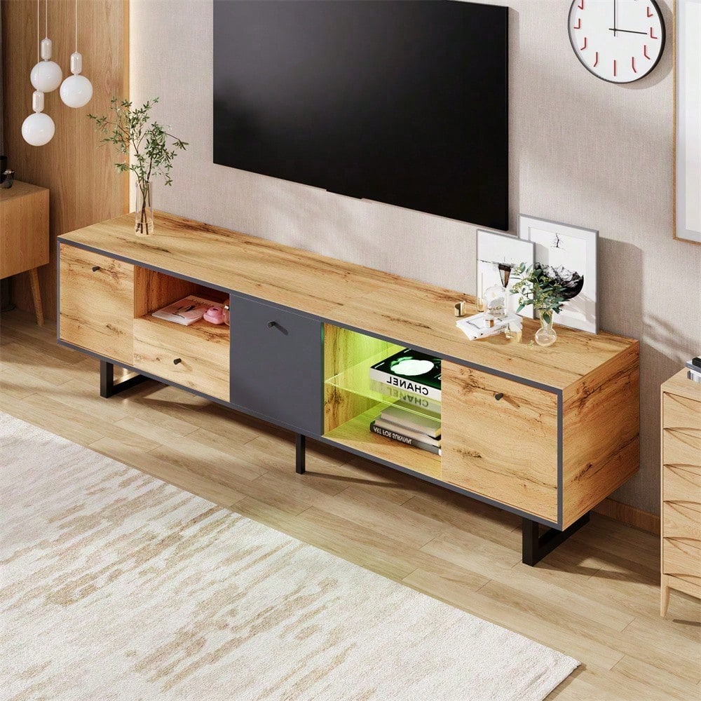 Lowboard, Wohnzimmer-TV-Schrank mit LED-Lichteffekt, Glastrennwand, Pufferscharnier, farblich passendes Design