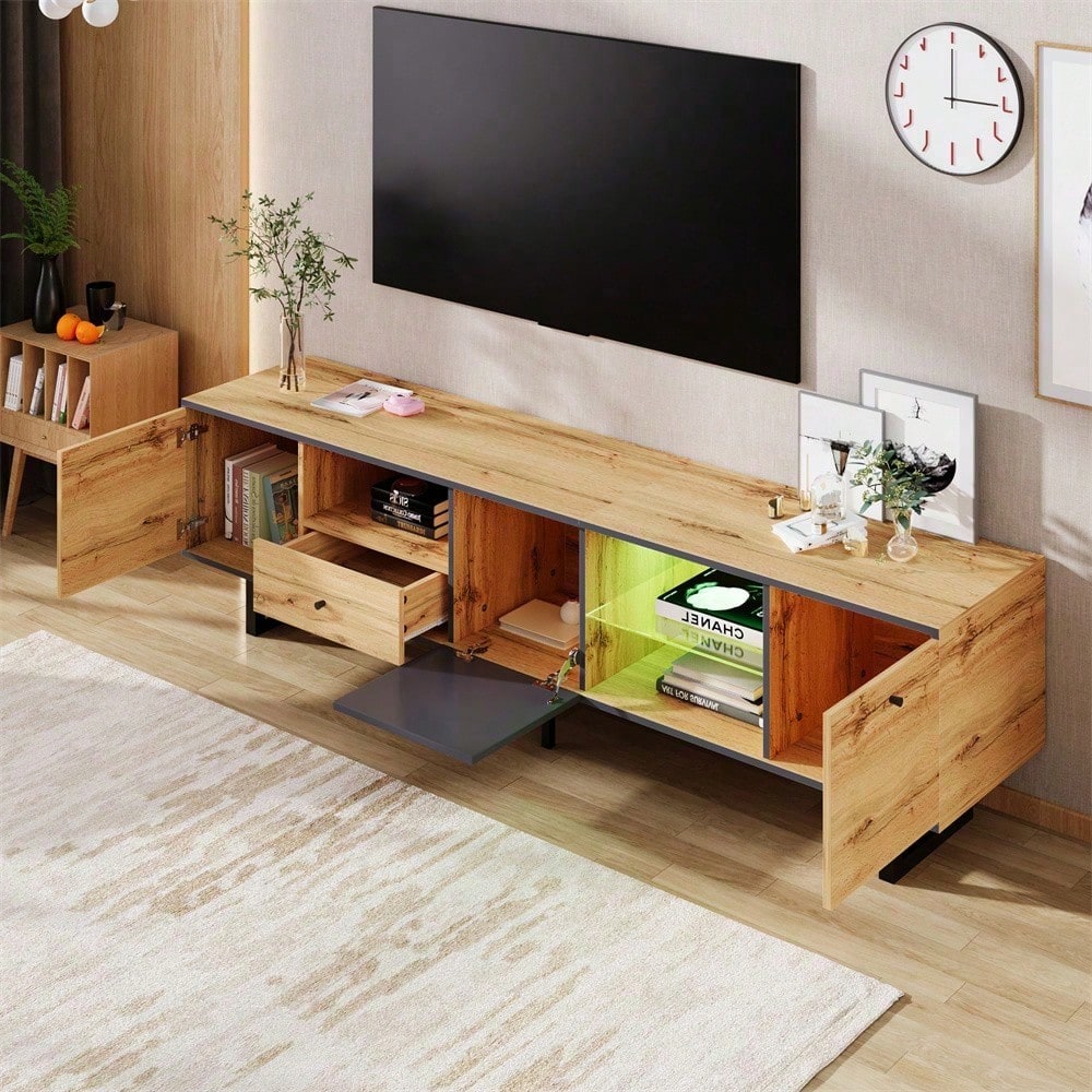 Lowboard, Wohnzimmer-TV-Schrank mit LED-Lichteffekt, Glastrennwand, Pufferscharnier, farblich passendes Design