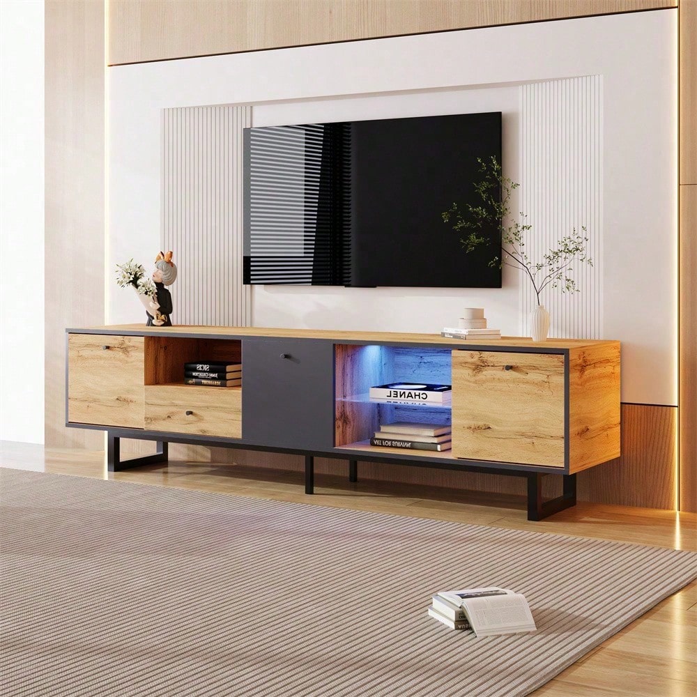 Lowboard, Wohnzimmer-TV-Schrank mit LED-Lichteffekt, Glastrennwand, Pufferscharnier, farblich passendes Design