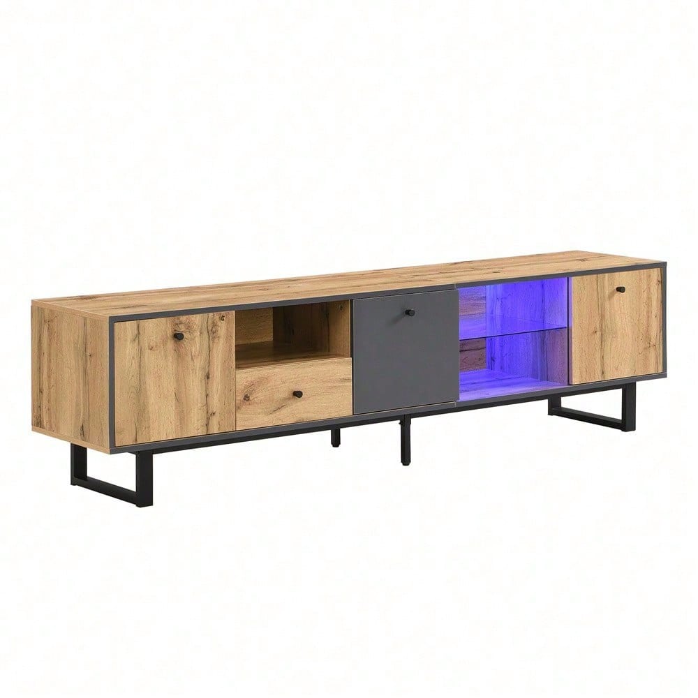 Lowboard, Wohnzimmer-TV-Schrank mit LED-Lichteffekt, Glastrennwand, Pufferscharnier, farblich passendes Design