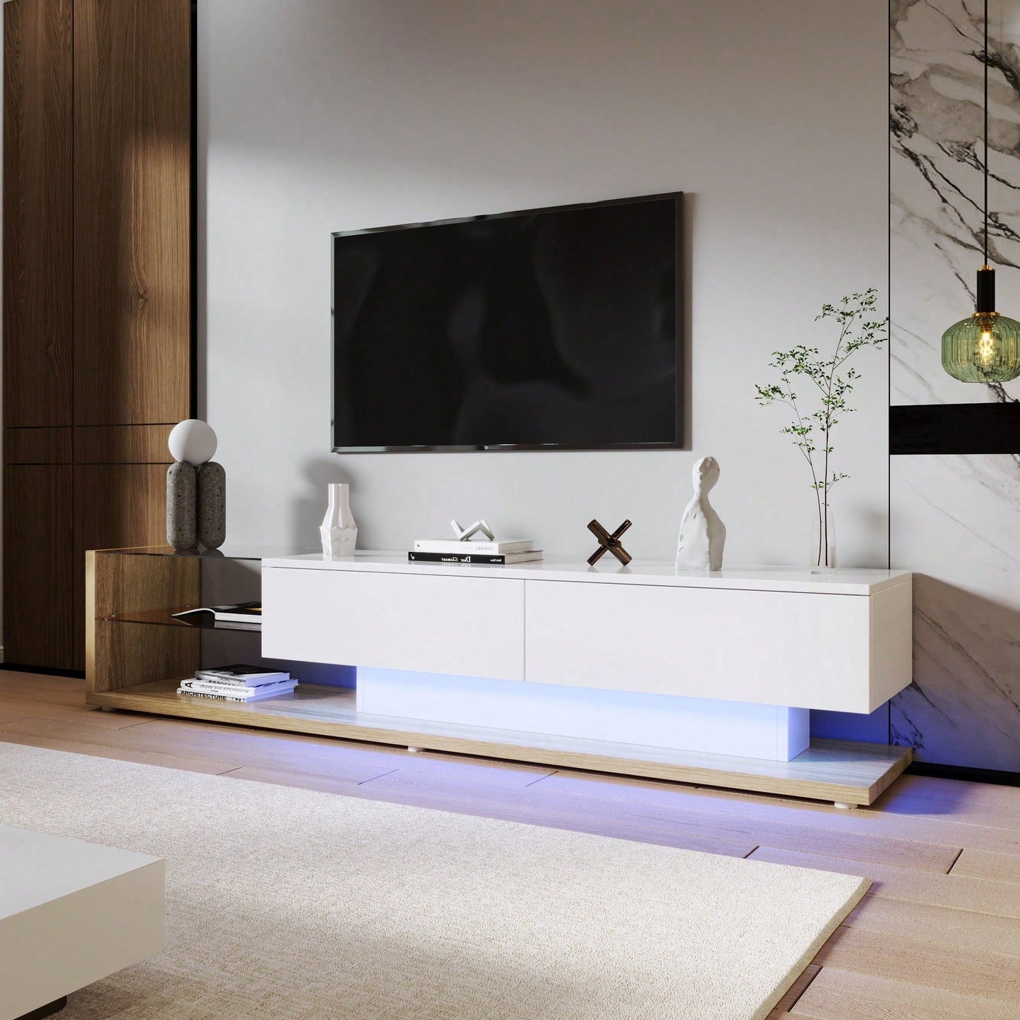 V-Schränke, Lowboards, Hochglanz-Wohnzimmermöbel. Glastrennwände und variable LED-Beleuchtung. Es verbindet natürlichen, rustikalen Stil mit modernem Design.
