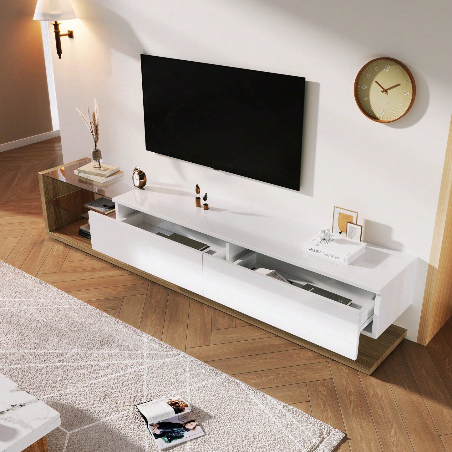 V-Schränke, Lowboards, Hochglanz-Wohnzimmermöbel. Glastrennwände und variable LED-Beleuchtung. Es verbindet natürlichen, rustikalen Stil mit modernem Design.
