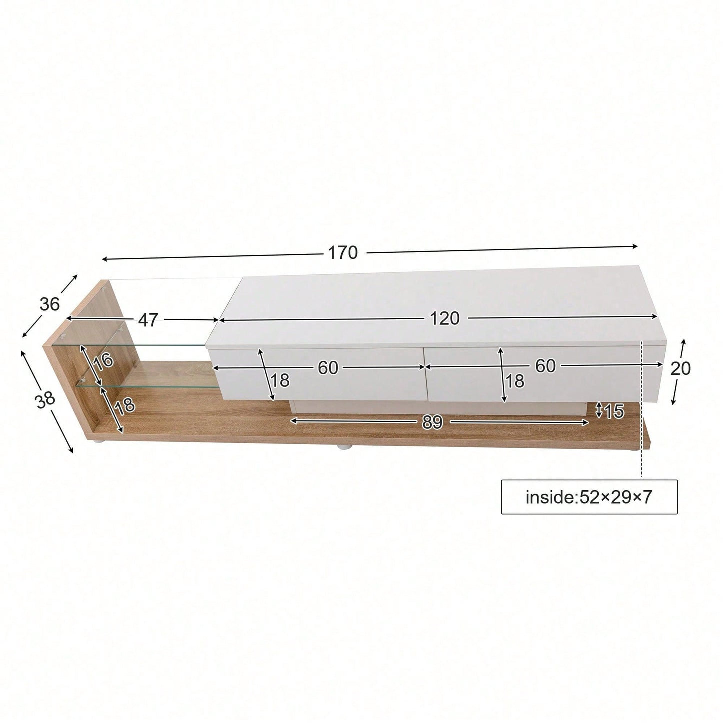 V-Schränke, Lowboards, Hochglanz-Wohnzimmermöbel. Glastrennwände und variable LED-Beleuchtung. Es verbindet natürlichen, rustikalen Stil mit modernem Design.