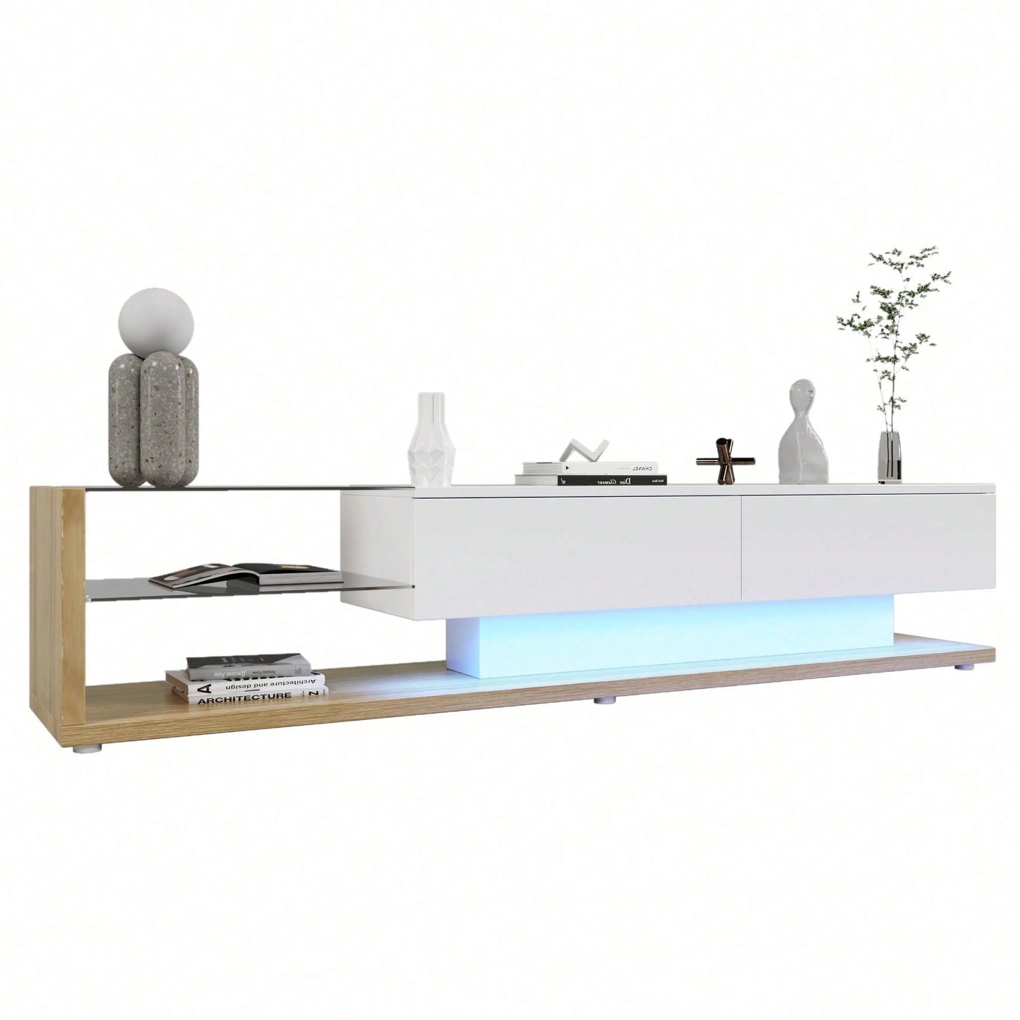 V-Schränke, Lowboards, Hochglanz-Wohnzimmermöbel. Glastrennwände und variable LED-Beleuchtung. Es verbindet natürlichen, rustikalen Stil mit modernem Design.