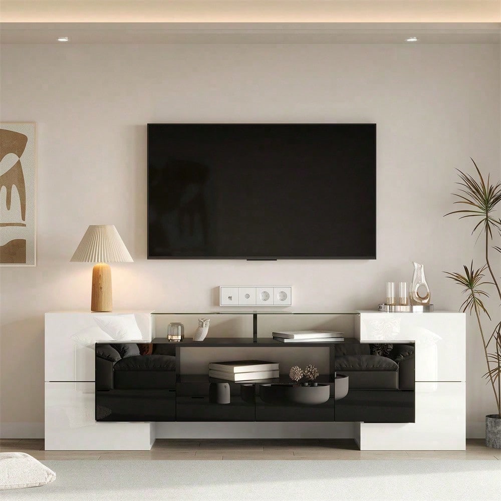 Stilvoller TV-Schrank, niedriges Panel. Hochglanz-Weiß und Schwarz, 200 cm, LED-Beleuchtung, Wohnzimmermöbel. Modernes Design. Elegante Glasoberfläche.