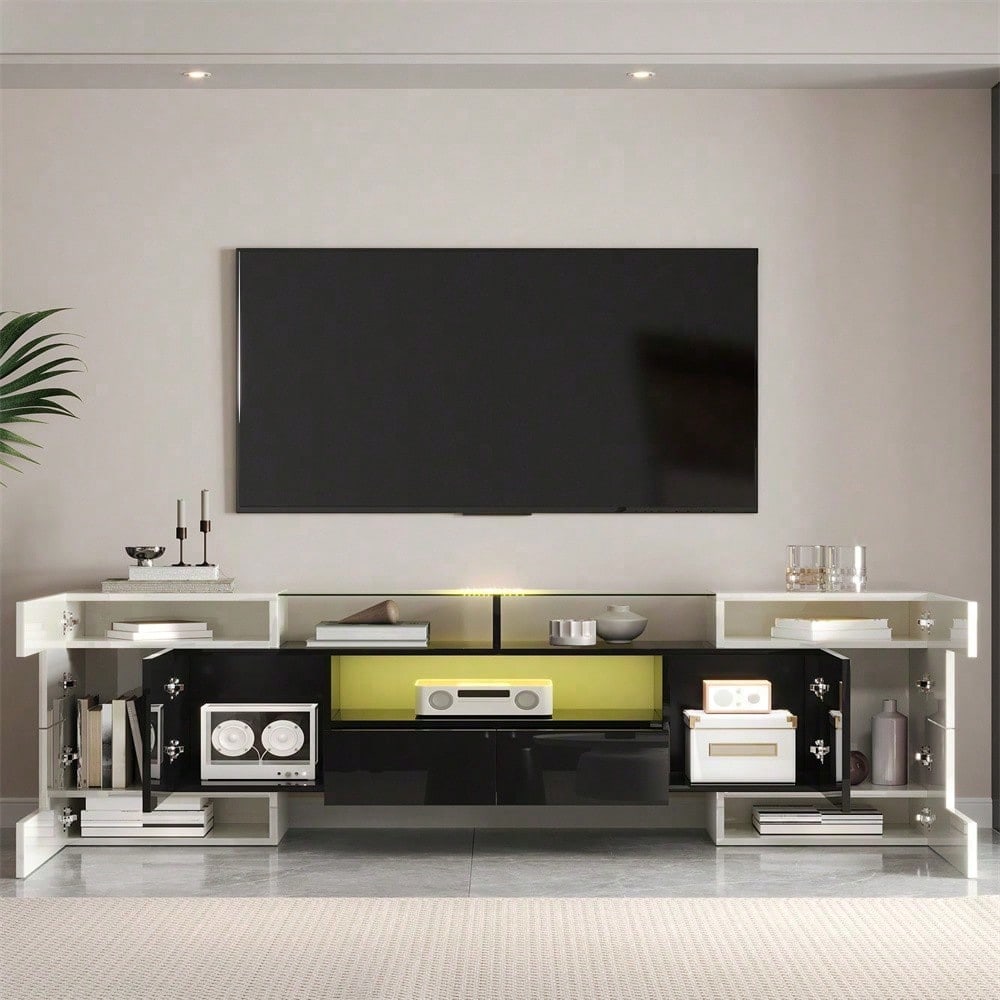 Stilvoller TV-Schrank, niedriges Panel. Hochglanz-Weiß und Schwarz, 200 cm, LED-Beleuchtung, Wohnzimmermöbel. Modernes Design. Elegante Glasoberfläche.