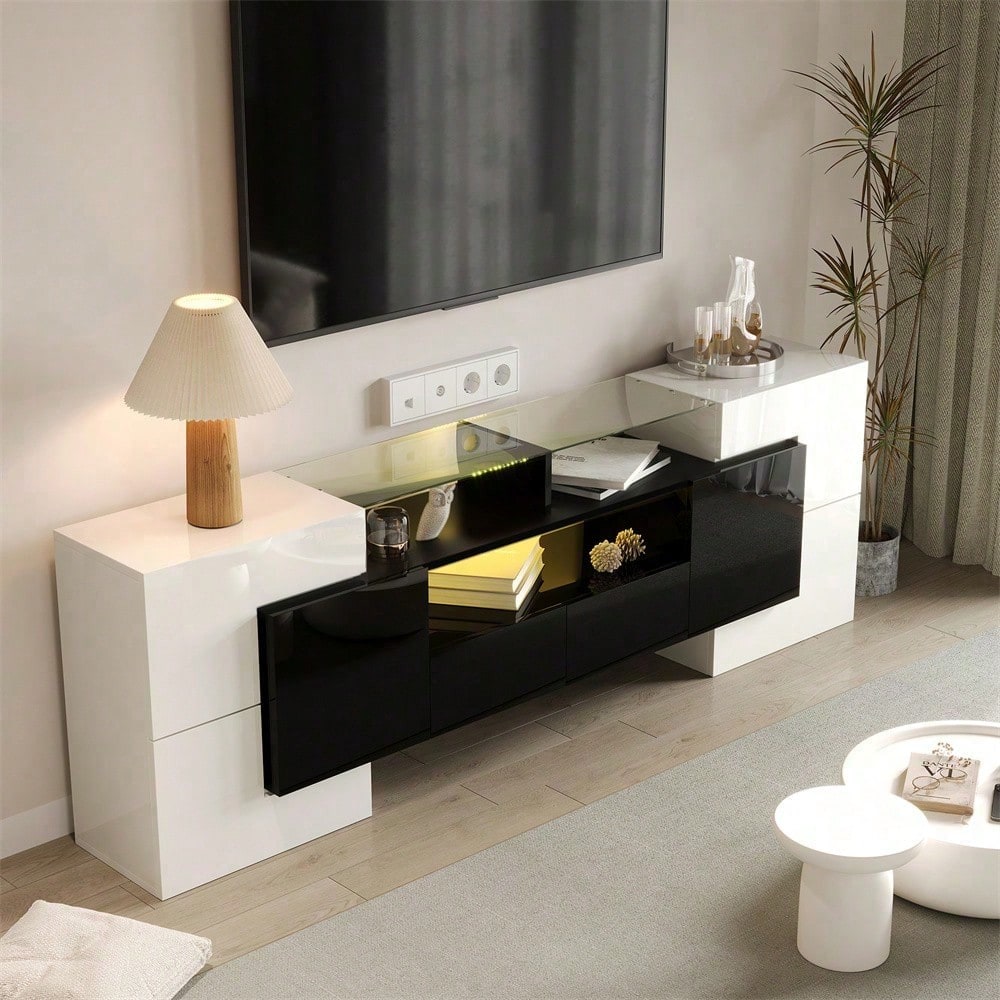 Stilvoller TV-Schrank, niedriges Panel. Hochglanz-Weiß und Schwarz, 200 cm, LED-Beleuchtung, Wohnzimmermöbel. Modernes Design. Elegante Glasoberfläche.