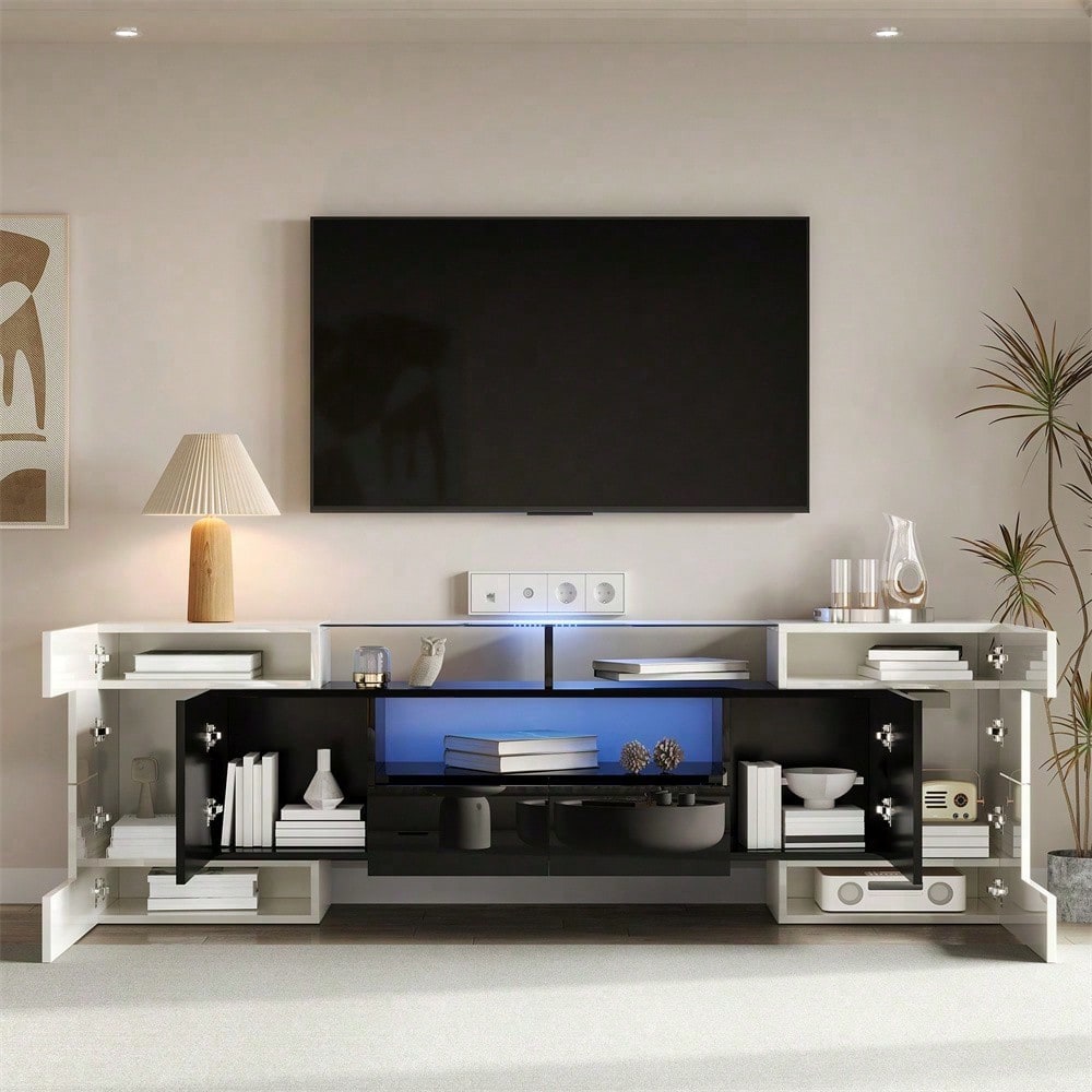 Stilvoller TV-Schrank, niedriges Panel. Hochglanz-Weiß und Schwarz, 200 cm, LED-Beleuchtung, Wohnzimmermöbel. Modernes Design. Elegante Glasoberfläche.