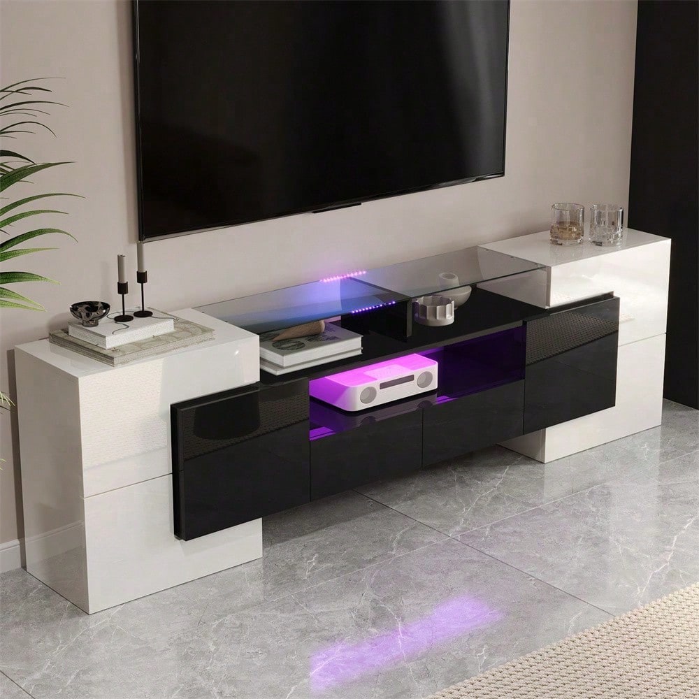 Stilvoller TV-Schrank, niedriges Panel. Hochglanz-Weiß und Schwarz, 200 cm, LED-Beleuchtung, Wohnzimmermöbel. Modernes Design. Elegante Glasoberfläche.