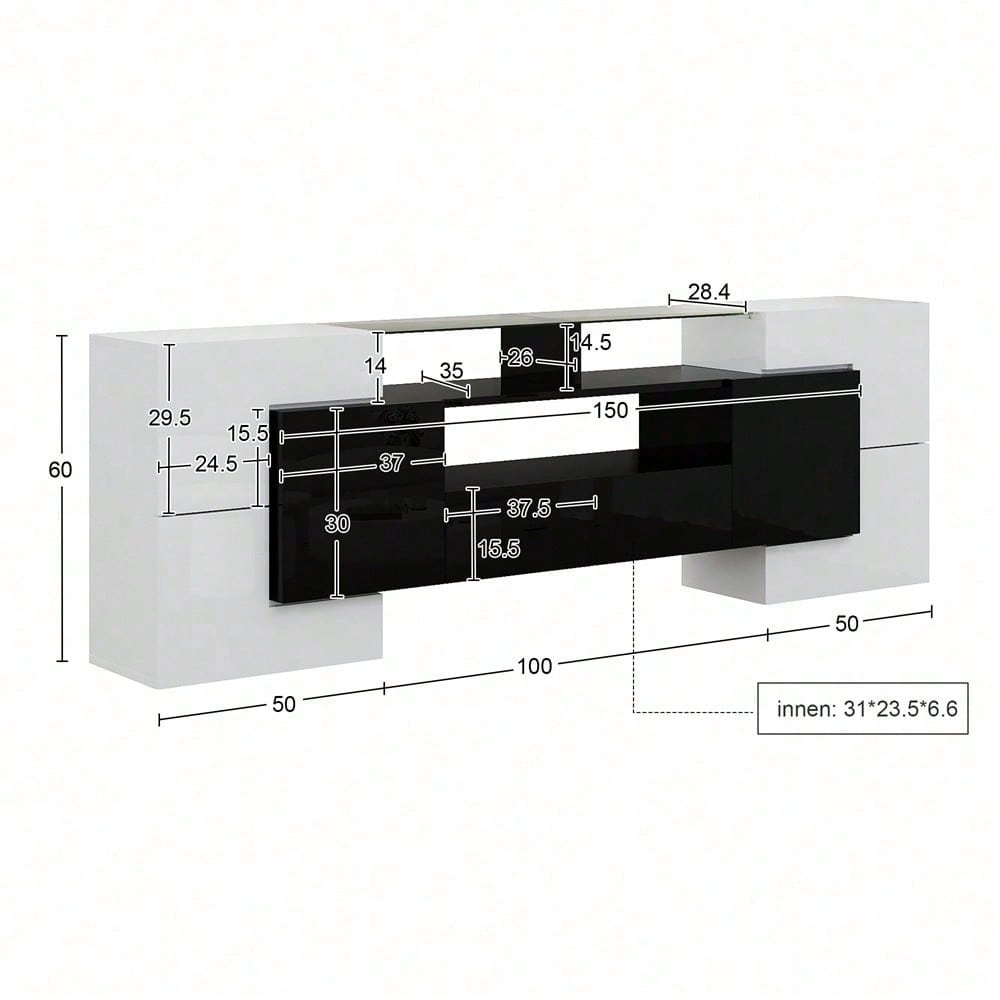 Stilvoller TV-Schrank, niedriges Panel. Hochglanz-Weiß und Schwarz, 200 cm, LED-Beleuchtung, Wohnzimmermöbel. Modernes Design. Elegante Glasoberfläche.