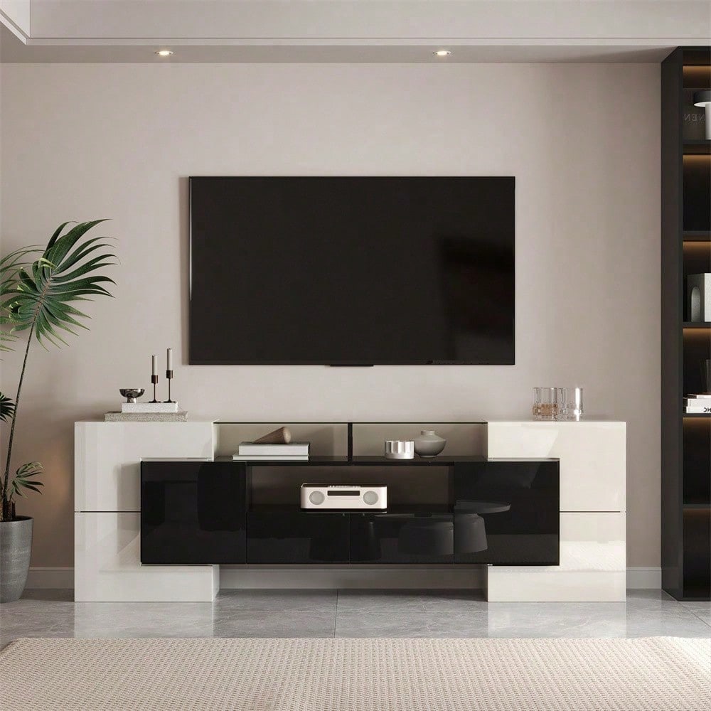 Stilvoller TV-Schrank, niedriges Panel. Hochglanz-Weiß und Schwarz, 200 cm, LED-Beleuchtung, Wohnzimmermöbel. Modernes Design. Elegante Glasoberfläche.