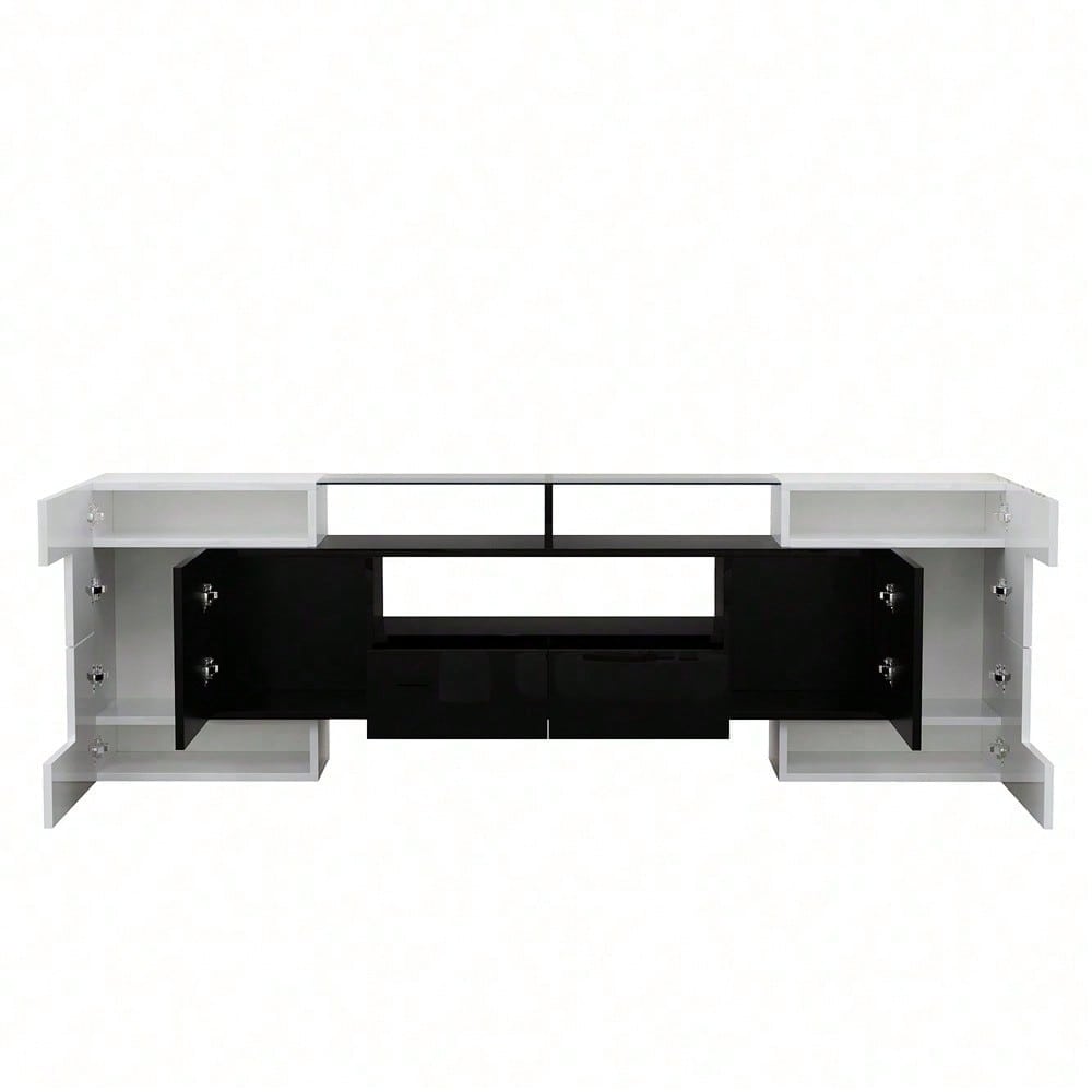 Stilvoller TV-Schrank, niedriges Panel. Hochglanz-Weiß und Schwarz, 200 cm, LED-Beleuchtung, Wohnzimmermöbel. Modernes Design. Elegante Glasoberfläche.