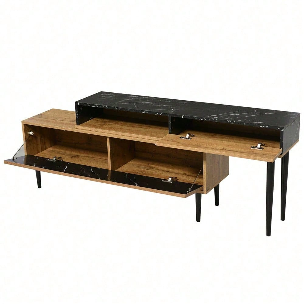 Moderner TV-Ständer mit Marmor- und Holzmaserungsdesign, PVC-Kante, Eisenbeinen, dunkle Holzfarbe, Heimdekoration, platzsparend, langlebig und langlebig