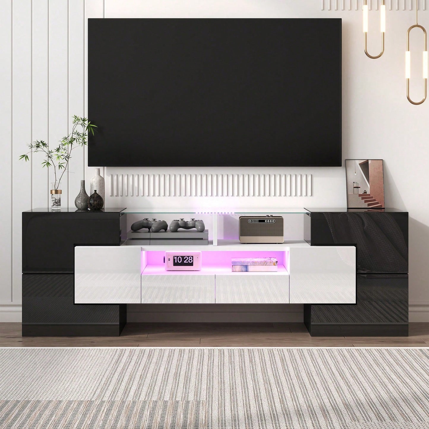 Stilvoller TV-Schrank, Lowboard. hochglänzendes Weiß, 145 cm, LED-Beleuchtung, Wohnzimmermöbel. modernes Design. elegante Glasoberfläche.