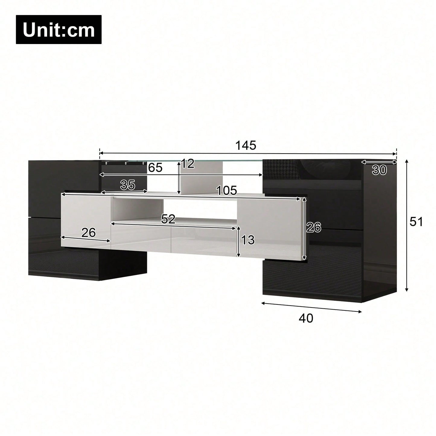 Stilvoller TV-Schrank, Lowboard. hochglänzendes Weiß, 145 cm, LED-Beleuchtung, Wohnzimmermöbel. modernes Design. elegante Glasoberfläche.