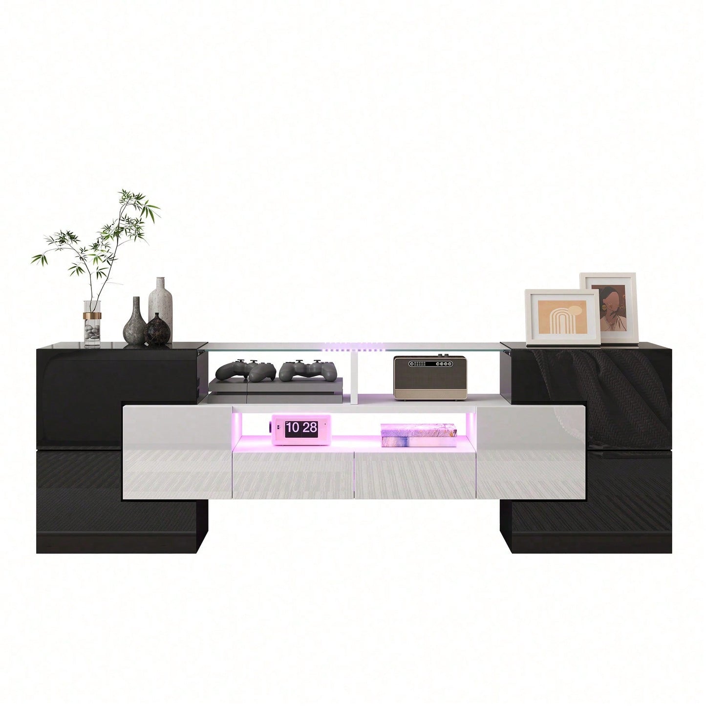 Stilvoller TV-Schrank, Lowboard. hochglänzendes Weiß, 145 cm, LED-Beleuchtung, Wohnzimmermöbel. modernes Design. elegante Glasoberfläche.